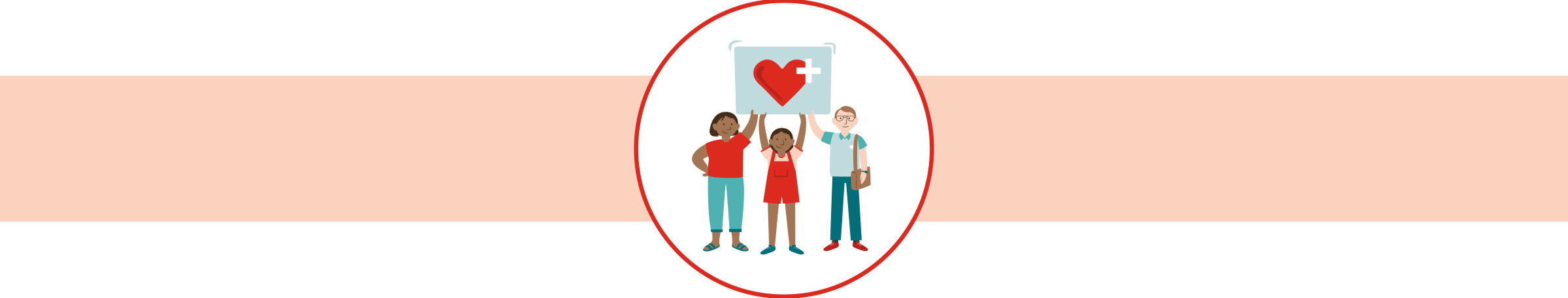 Health promotion icon;  three people holding a sign with a heart and plus symbol